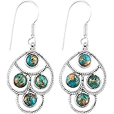 DEVMUKTI 925 Sterling Silver Stud Earrings for Women, Natural Copper Turquoise Cabochon Earrings, Healing Crystals, Gemstone Jewelry, Handmade, Birthstone, Filigree, Bridal Jewelry