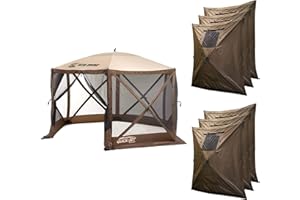 CLAM Quick-Set Escape 11.5 x 11.5 Ft Portable Pop-Up Outdoor Camping Screen Tent 6-Sided Canopy Shelter w/Carry Bag & 6 Sun and Wind Panels, Brown