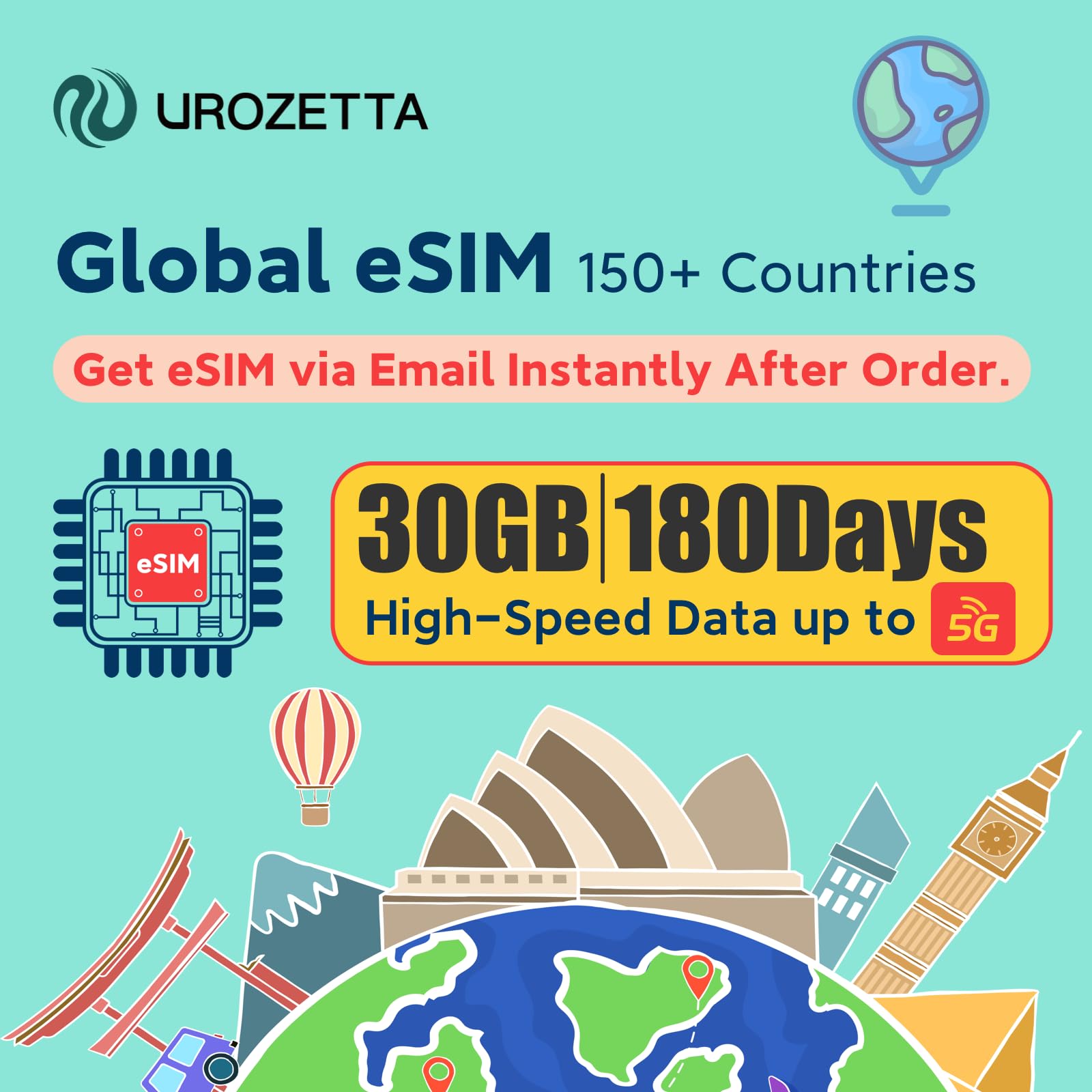 UROZETTA Global eSIM Card 180-Day 30GB, Prepaid Data for 151 Countries, 4G LTE High-Speed Network, Hotspot Support, Works for Unlocked Phones, No Contract No Physical SIM, Data Only No Voice/SMS