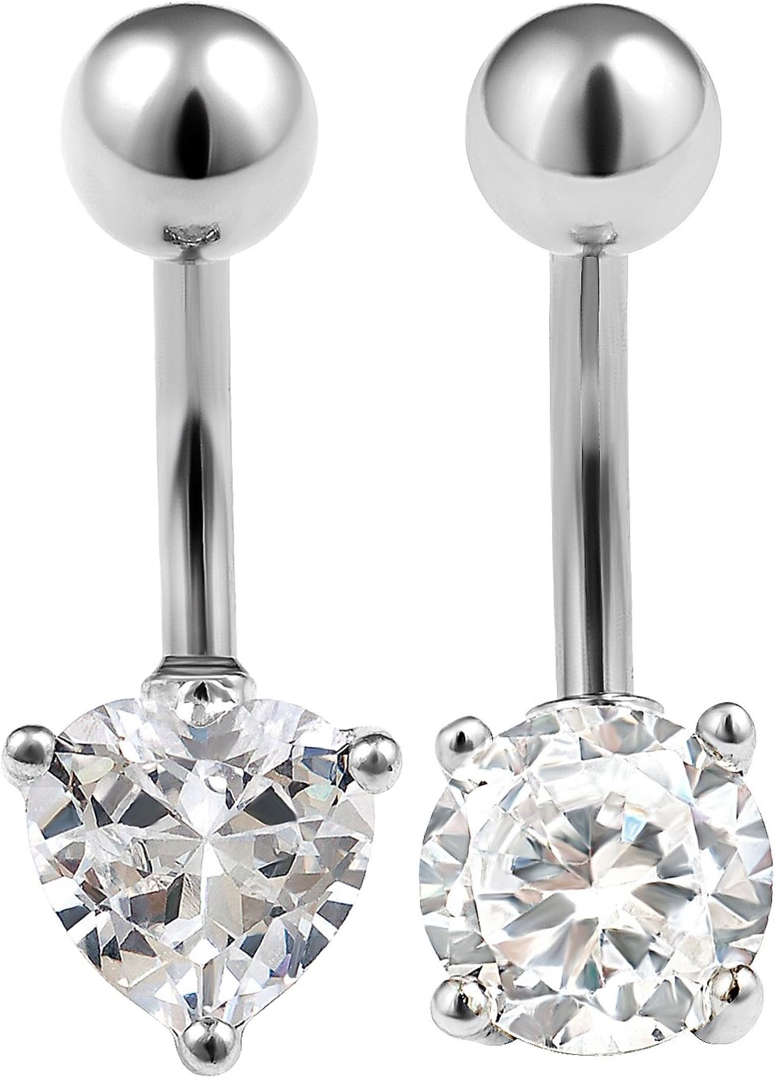 2pcs 14g 3/8 Belly Button Ring Navel Ring Surgical Steel Bar Stud Cubic Zirconia Round Heart Shaped CZ Crystal Pick Color