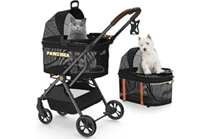 PAWZIDEA Pet Stroller 4 in 1, Cat Strollers with Detachable Carrier No-Zip Canopy, Portable Dog Crate for Car Seat Travel, Foldable & Lightweight Jogger for Small/Medium Dogs and Cats, Storage Basket