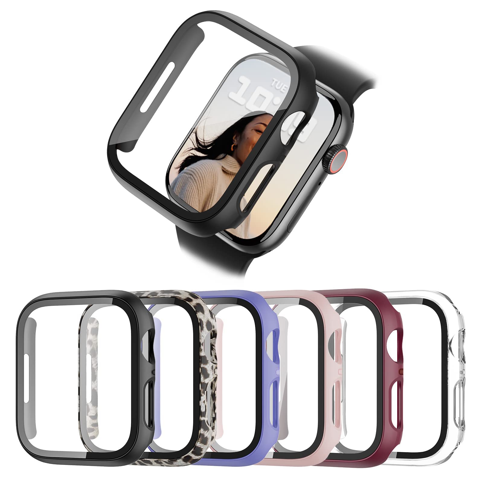 BHARVEST 6-Pack Hard PC Case with Tempered Glass Screen Protector for Apple Watch Series 9, 8, 7 41mm