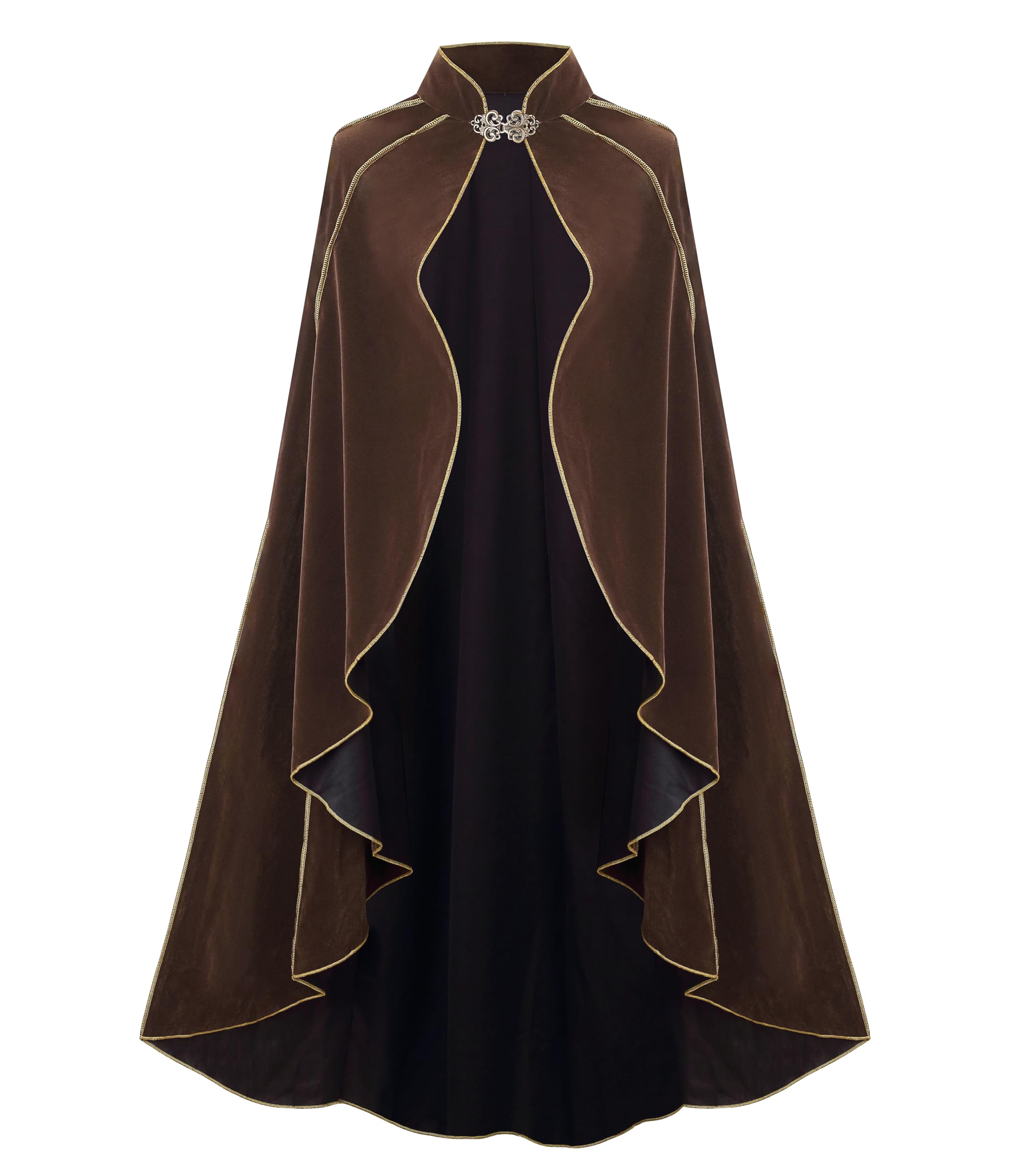 DELIVESS Women's Medieval Renaissance Velvet Cape Stand Collar Gold Trim Cloak for Adults, Halloween Cosplay LARP Party Festival Costume(51.18", Brown)