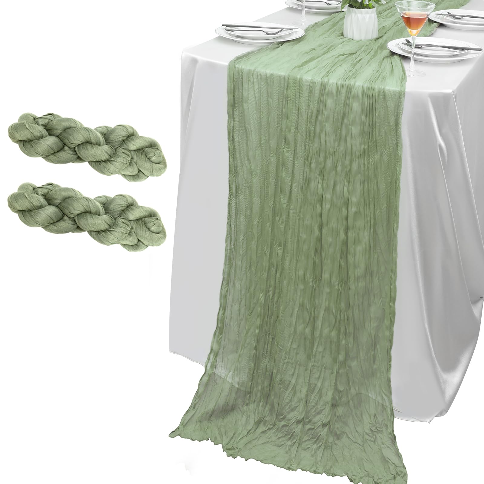 Photo 1 of 2 Pack Sage Green Cheesecloth Table Runner 10FT Boho Gauze Fabric Table Runner Vintage Rustic Sheer Runners for Wedding Party Bridal Baby Shower Birthday Holiday Home Decor
