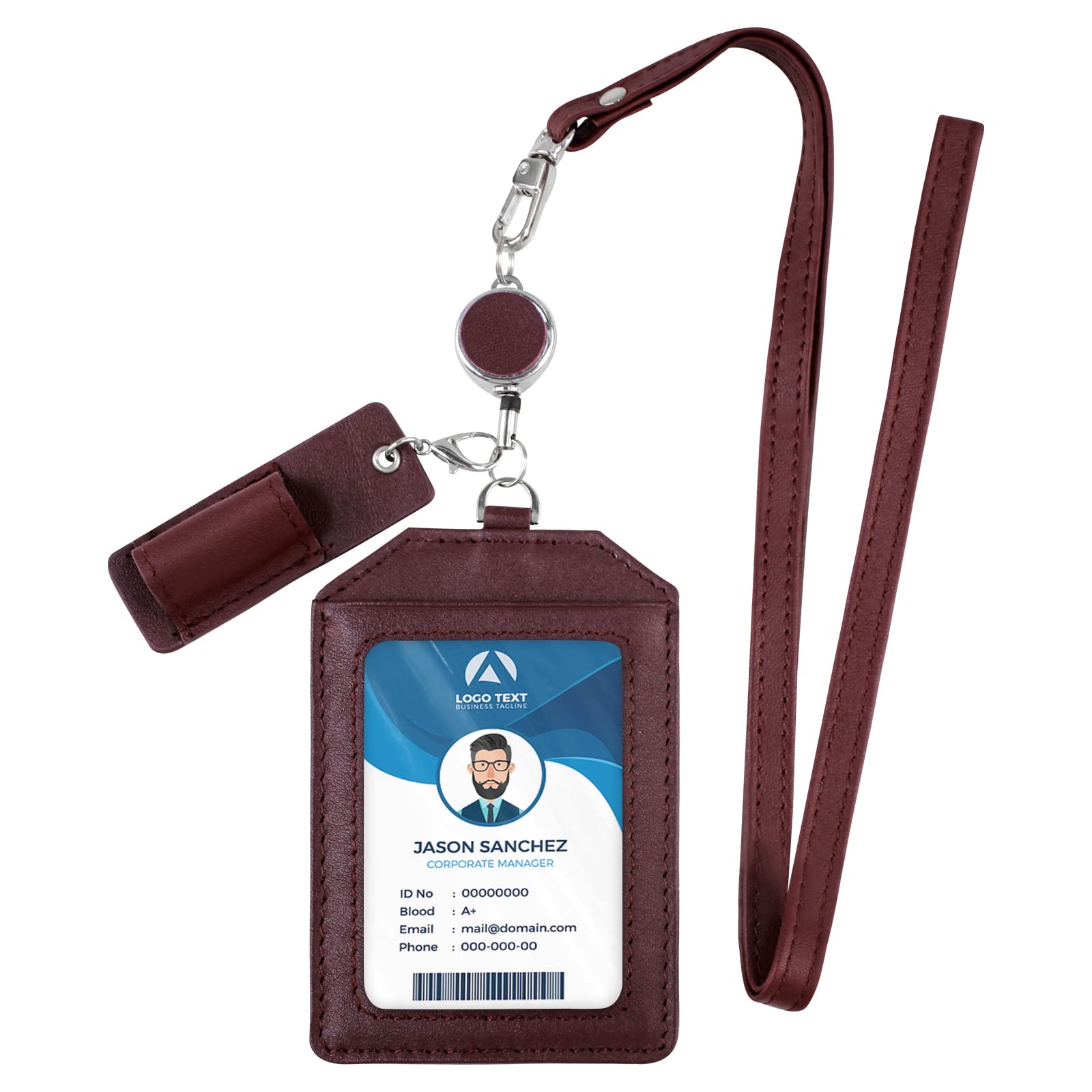 Leather Badge Holder Vertical Style, Boshiho Genuine Cowhide Leather Credit ID Card Holder Stretch Neck Lanyard and Pen Holder for Office (Wine)