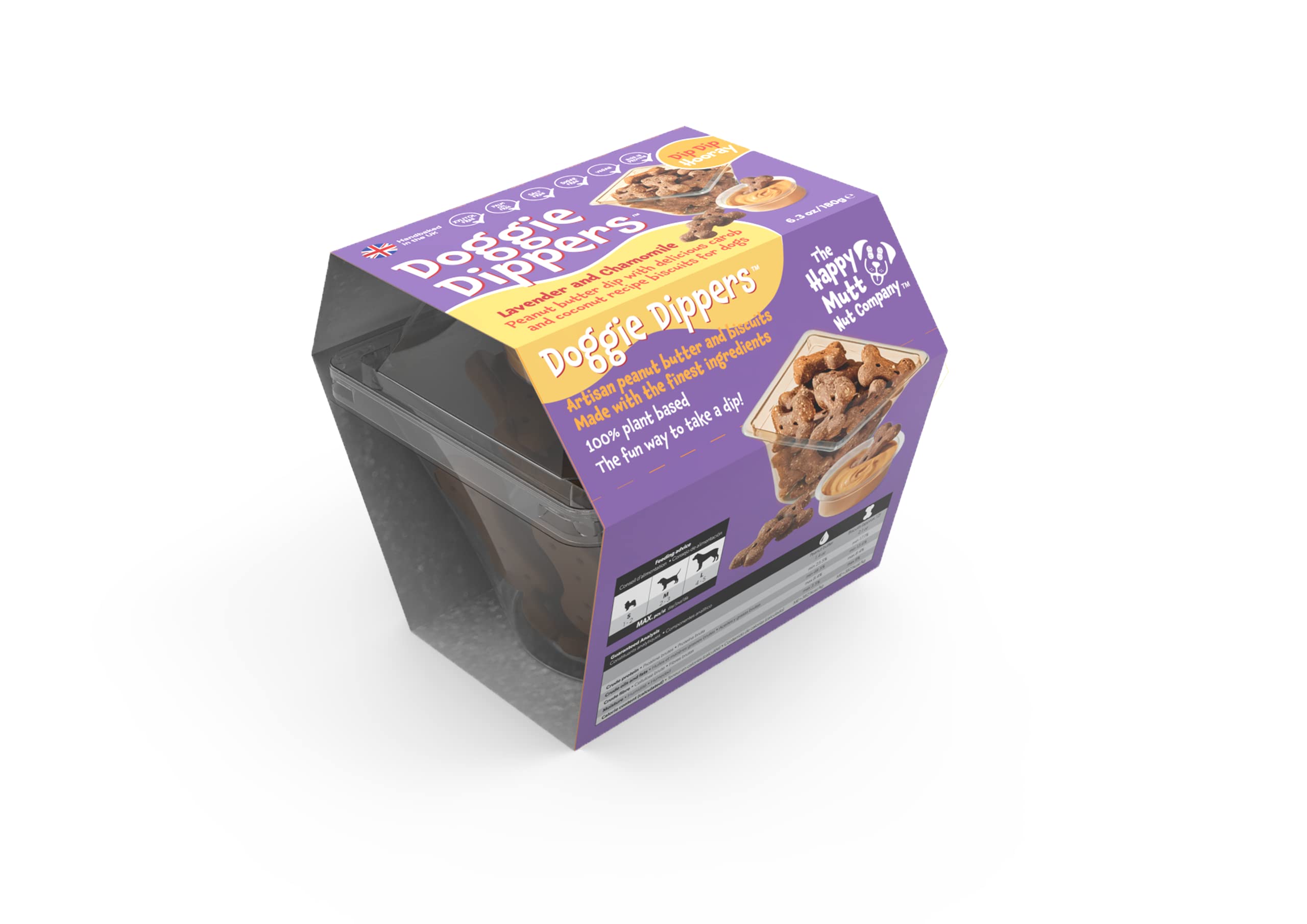 Doggie Dippers™ Pot - Lavender & Chamomile - are a world-first interactive dog treat. Blending gluten and wheat free Carob and Coconut biscuits with our Carob flavoured peanut butter