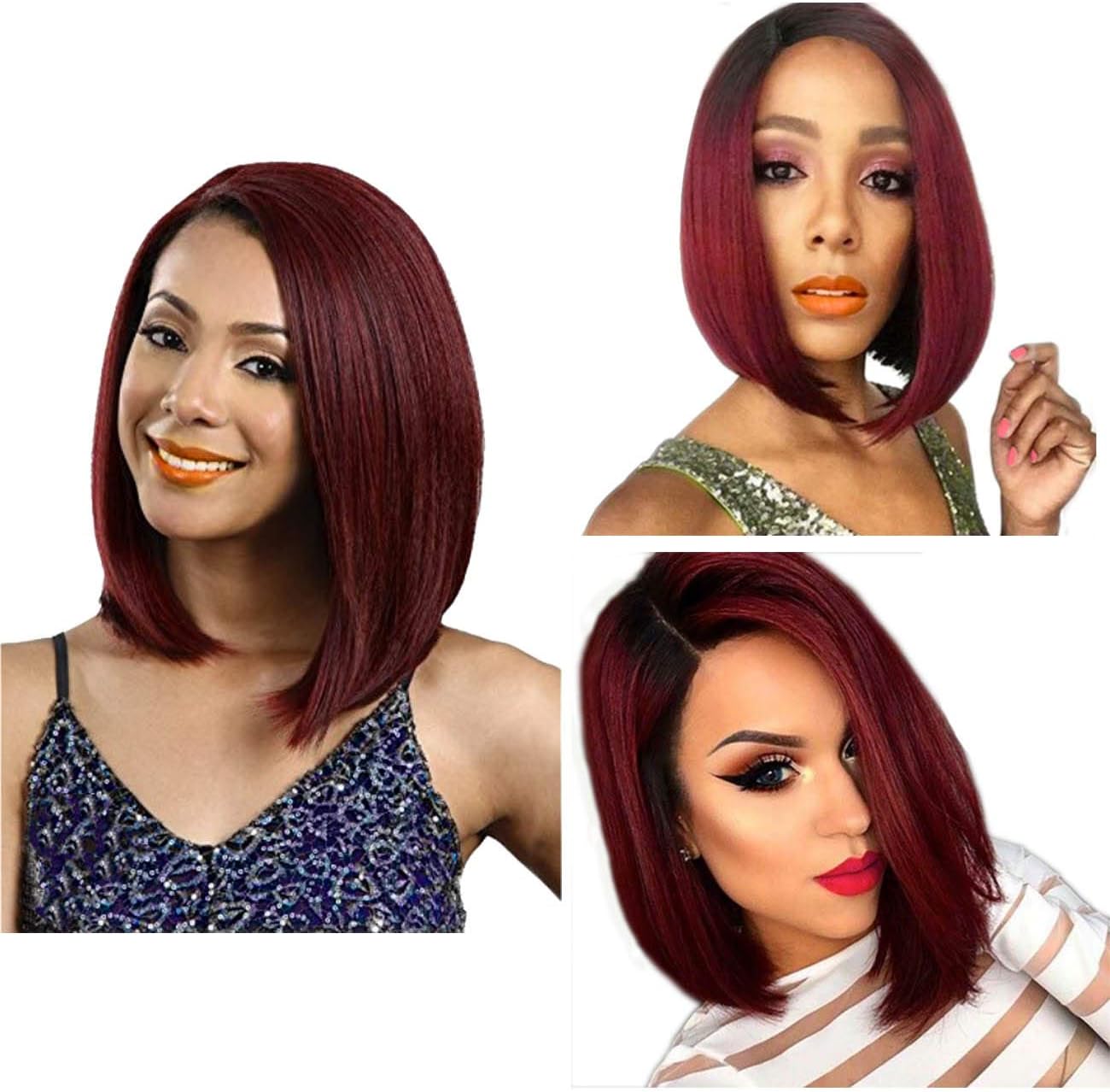 Synthetic Bob Wig Short Wig Straight Hair 15 Inches Wine Red Hair Side Part Natural Straight Heat Resistant Hair Replacement Wig For Women