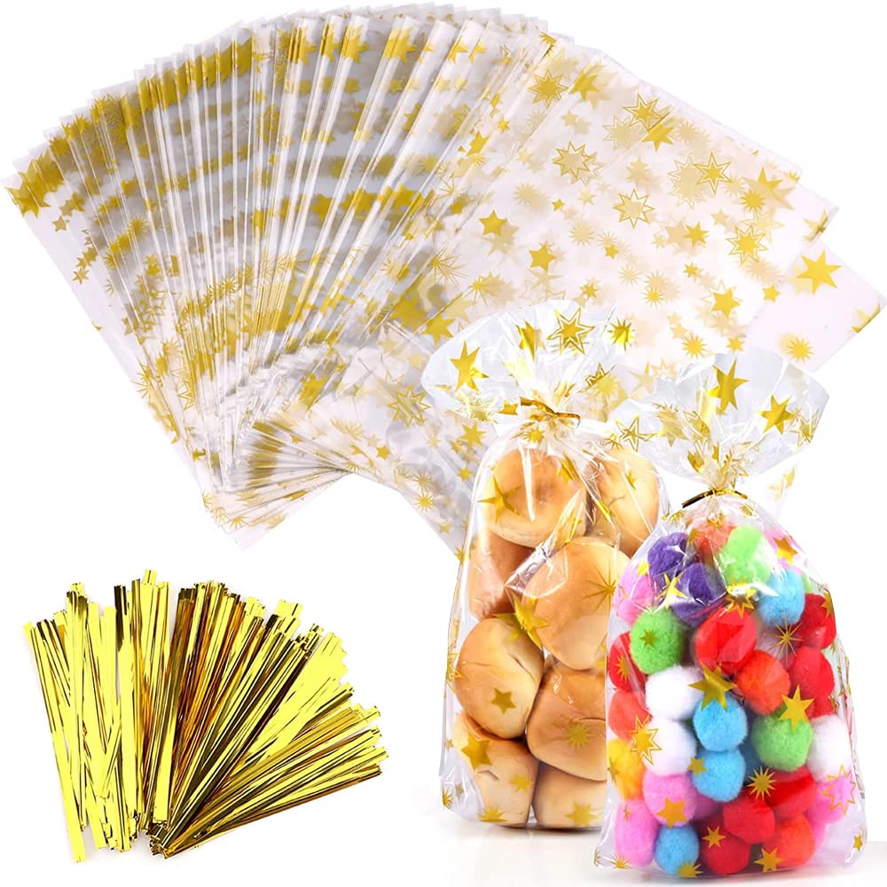 Voarge Pack of 100 Base Bags Stars Gold OPP Bags, 14 x 23 cm Cello Bags with Twist Ties, Bottom Bags, Biscuit Bags for Lollipop Sticks, Candy, Wedding, Gifts