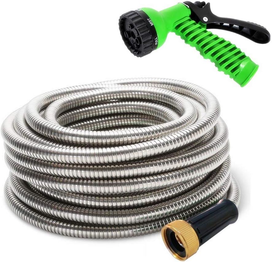 MTB 304 Stainless Steel Garden Hose 75-ft with Spray Nozzle and 3/4” Solid Aluminum Connectors, Metal Water Hose…
