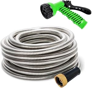 MTB 304 Stainless Steel Garden Hose 75-ft with Spray Nozzle and 3/4” Solid Aluminum Connectors, Metal Water Hose…