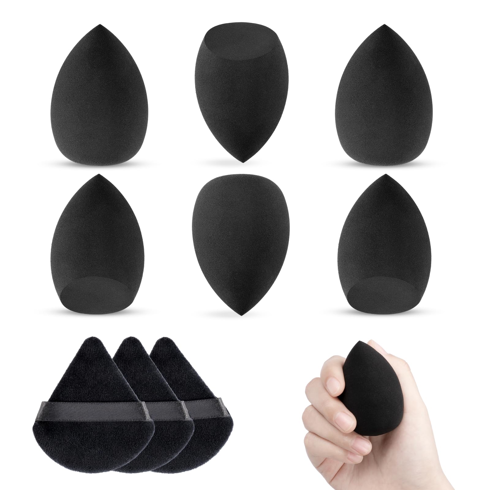 Make Up Sponge Set With Triangle Powder Puff, 6 Pieces Beauty Sponges for Blending Liquid Foundation, Reusable Soft Black Makeup Sponges — image 1