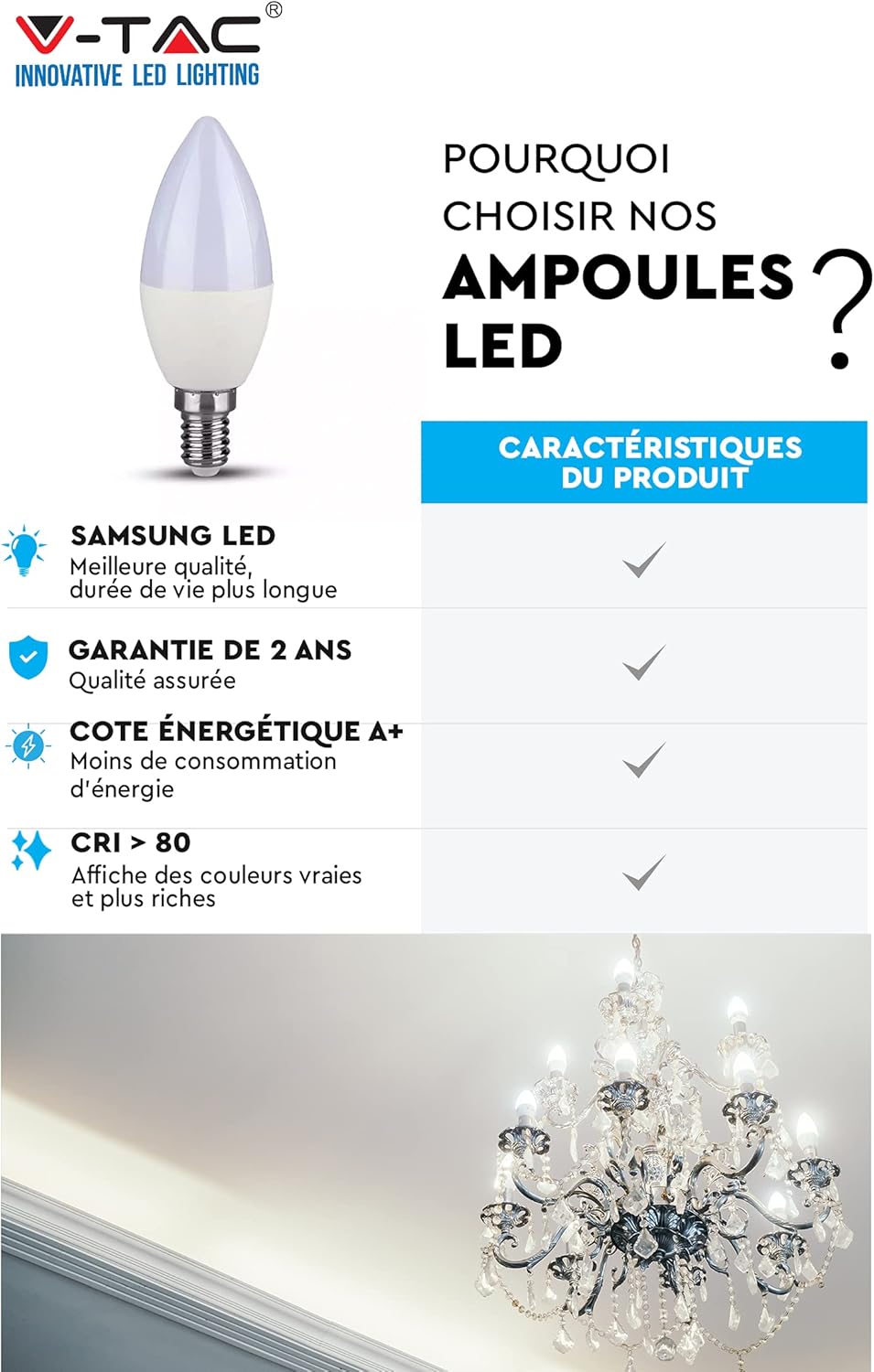 V-TAC E14 LED Candle Bulbs, Day White, 5 Count (Pack of 1) - Image 3