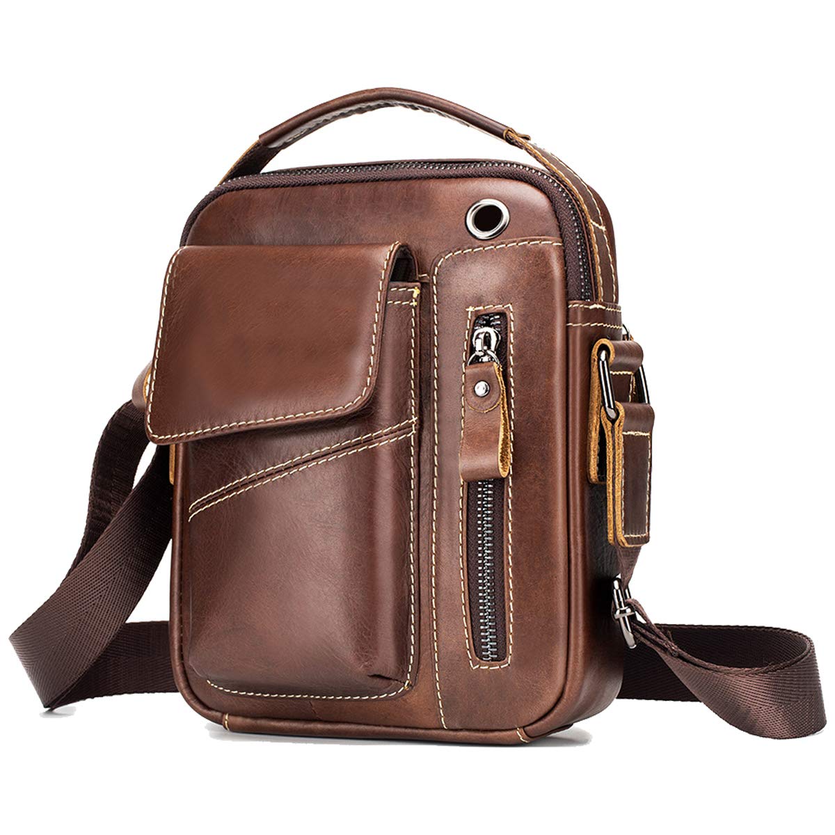MANNUOSI Men's Crossbody Messenger Bag Genuine Leather Handbag Leather Shoulder Messenger Bag for Men Commuter Business Travel School Brown2
