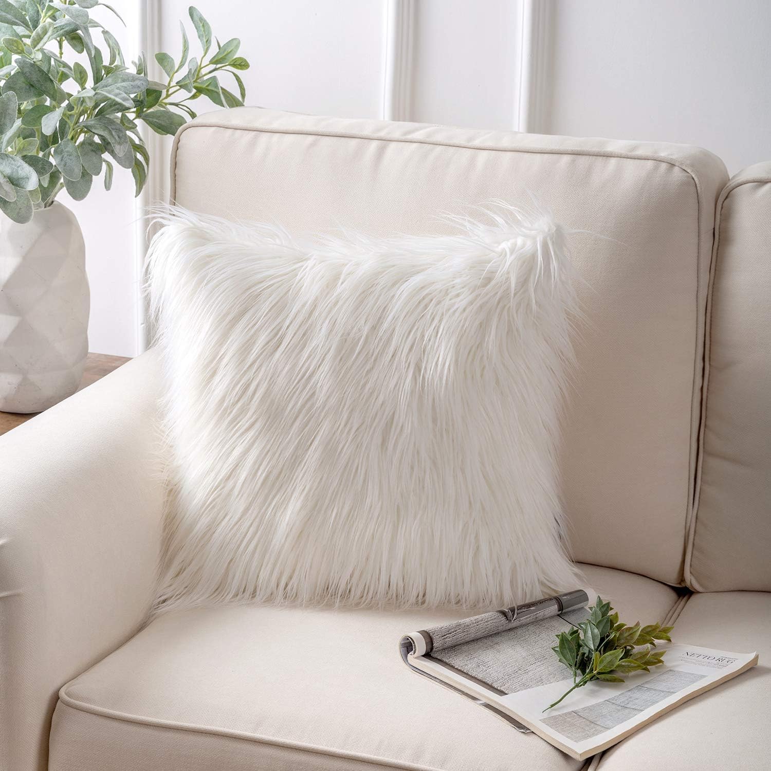 RAJRANG Fur Cushion Cover Throw Pillow Case Soft Fluffy Plush Cushions Protector Covers for Sofa Couch - 18 x 18 Inches - Super White