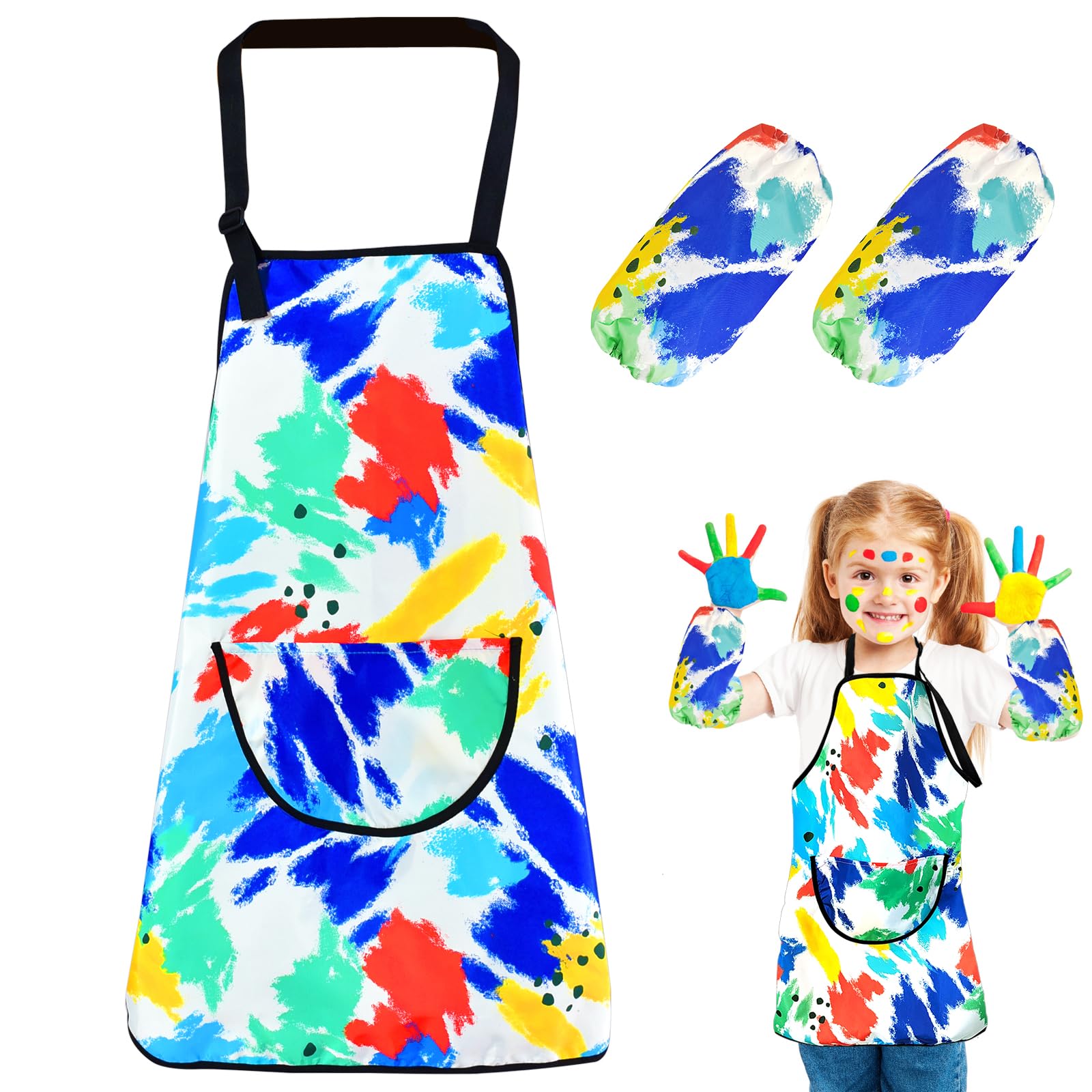 Cosysparks Kids Painting Apron, Graffiti Kids Art Apron with Pocket and 2 Sleeves Adjustable Waterproof Children Artist Apron for 5-8 Boys Girls Drawing, Baking, Water Play
