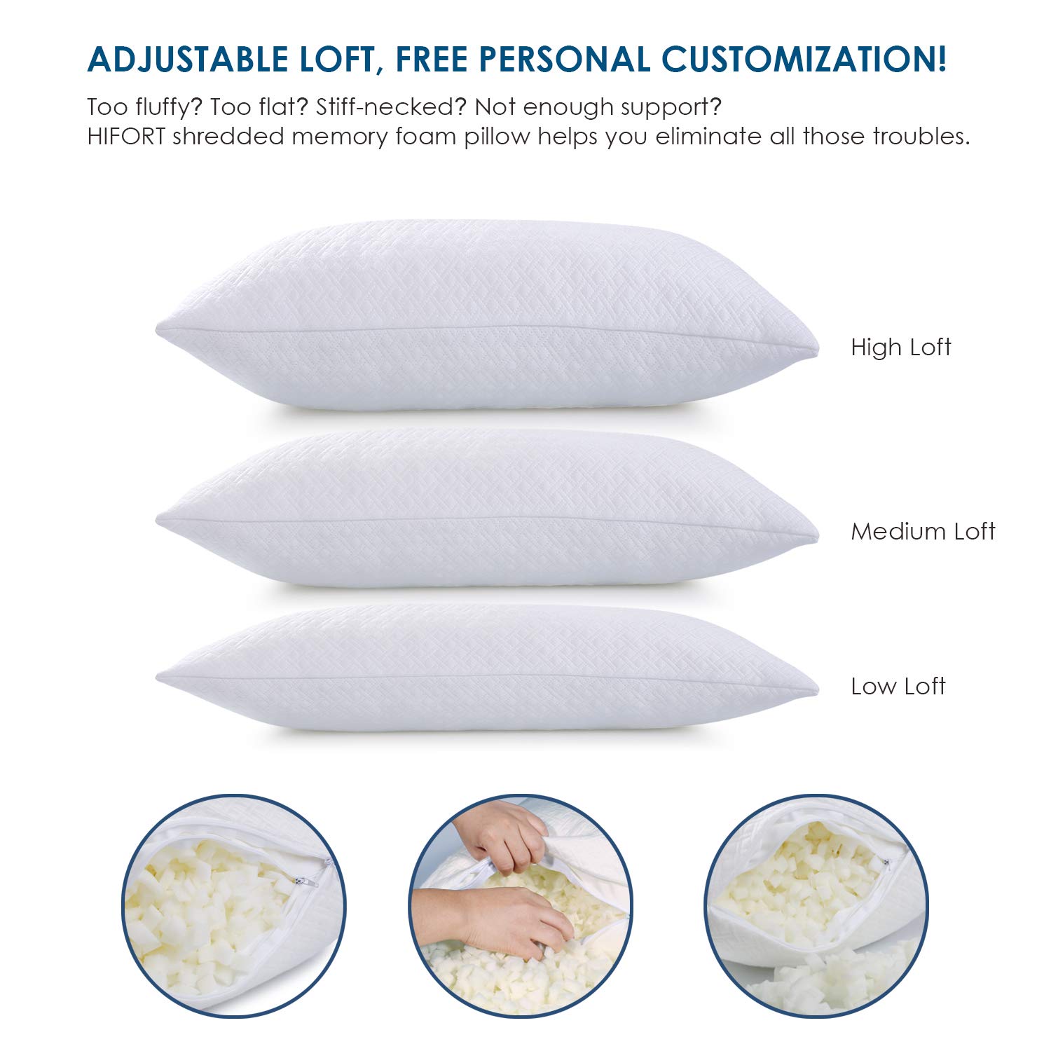 HIFORT Shredded Memory Foam Cooling Pillow - Queen Bed Pillows for Sleeping with Hypoallergenic Removable Bamboo Cover - Hotel Quality Adjustable Loft for Stomach Back and Side Sleeper