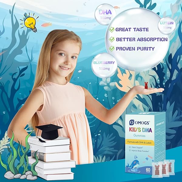 OMOGS CHILDREN’S DHA BLUEBERRY FLAVOURED GUMMIES, WITH LUTEIN, OMEGA-3 & VITAMIN C ALGAE DHA, FOR EYE HEALTH, BRAIN HEALTH & HEALTHY IMMUNITY, GLUTEN FREE, VEGAN, 60 GUMMIES.