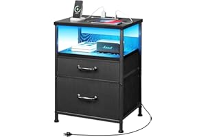 YeTom Black Nightstand with Charging Station, LED Night Stand with 2 Fabric Drawers, Side Table with Open Shelf, End Table with Outlets and USB Ports, 2 Drawer Dresser for Bedroom, Easy Assembly