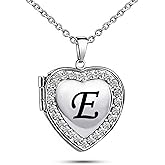 KunBead Name Initial Custom Heart Locket Letter Love Pendant Necklace for Women with Birthstone that Holds Pictures for Family
