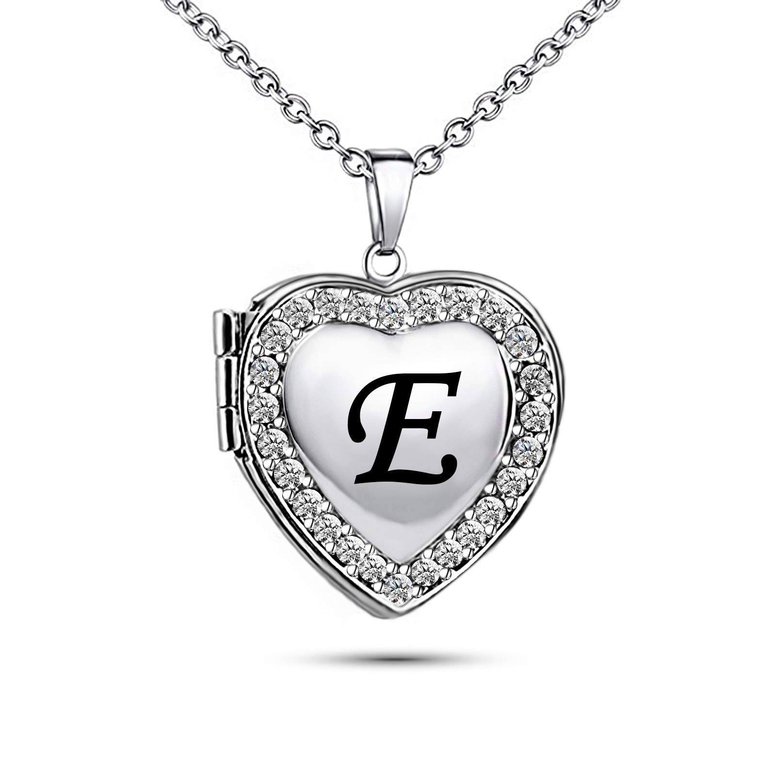 KunBead Jewelry Mother Daughter Mum Heart Love Mens Locket Necklace Name Letter E Initial Crystal Best Friend Necklace