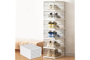 GUDEMAY Drop Front Shoe Storage Box, No Assembly Stackable Shoe Organizer Storage Bin with Door, Free Standing Shoe Shelf Cabinet with Lid, Plastic Shoe Rack for Closet Entryway