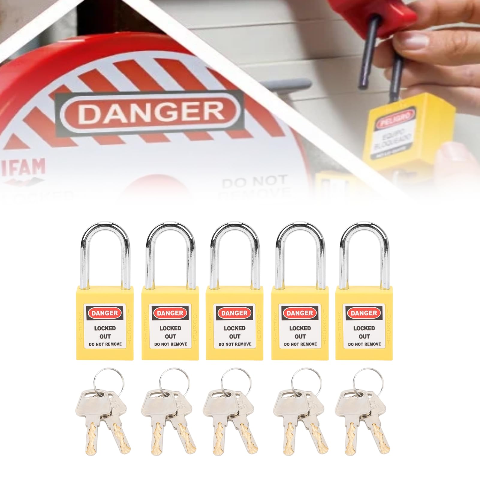 Lockout Tagout Locks 5 Sets Safety Padlock 2 Key Per Lock Insulation Loto Nylon PA Steel for Nuclear Energy Logistics Transport(Yellow)