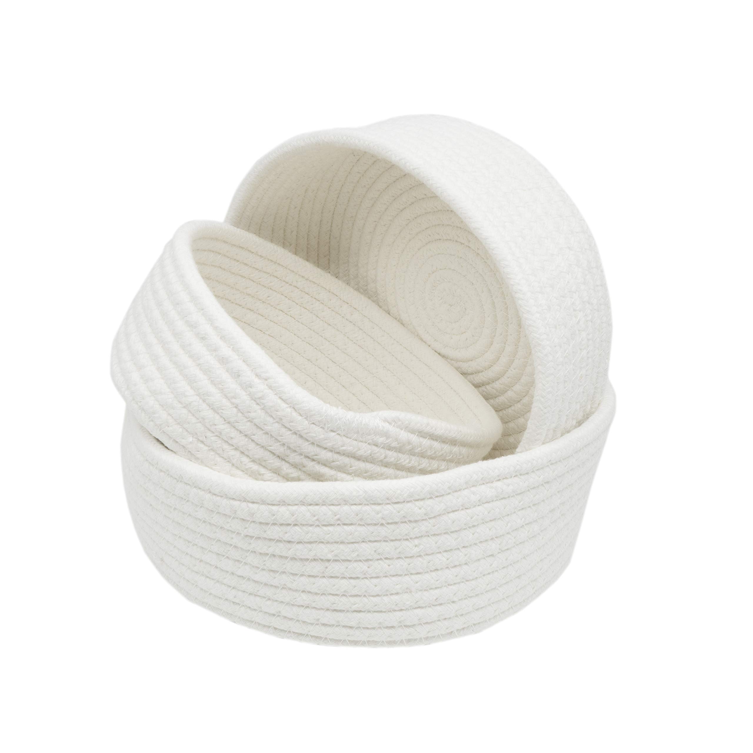 Anzirose Natural Cotton Rope Storage Baskets Multi-sized 3 pieces set Round Organizer Bins for Home Decor Closet Toys Desktop Cosmetic Kid's Room Storage Nursery Bins White