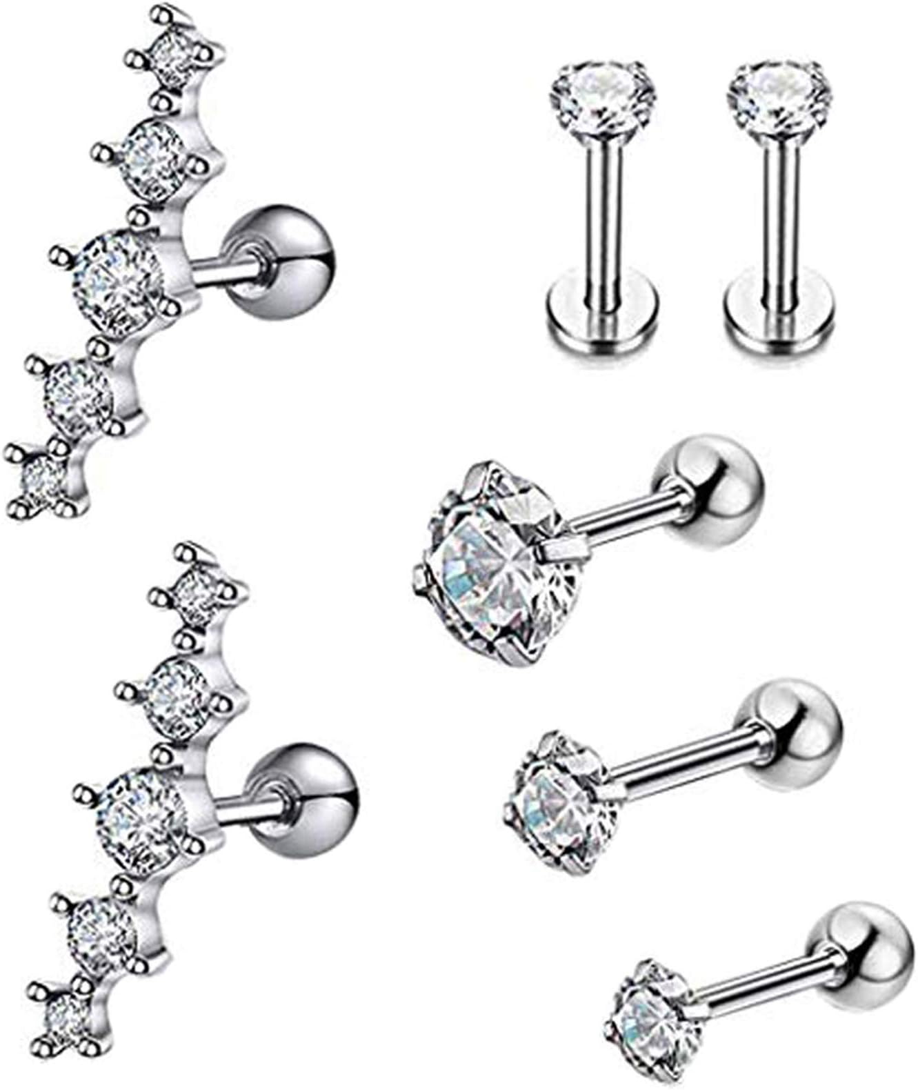 YOVORO 7Pcs 16G Stainless Steel Cartilage CZ Stud Earrings for Women Girls Helix Tragus Daith Piercing Jewelry
