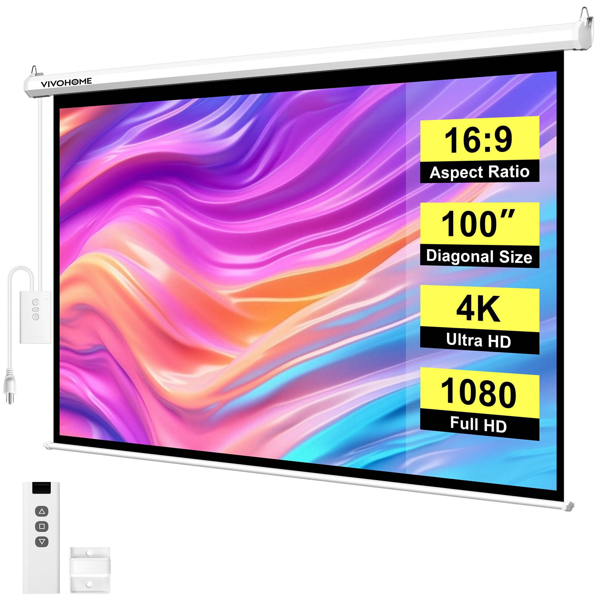 Photo 1 of VIVOHOME Motorized Projector Screen with Remote, 16:9 100 Inch Auto Electric Projection Screen, HD 4K Movie Screen for Home Theater, Cinema, Office (87 x 49 White)