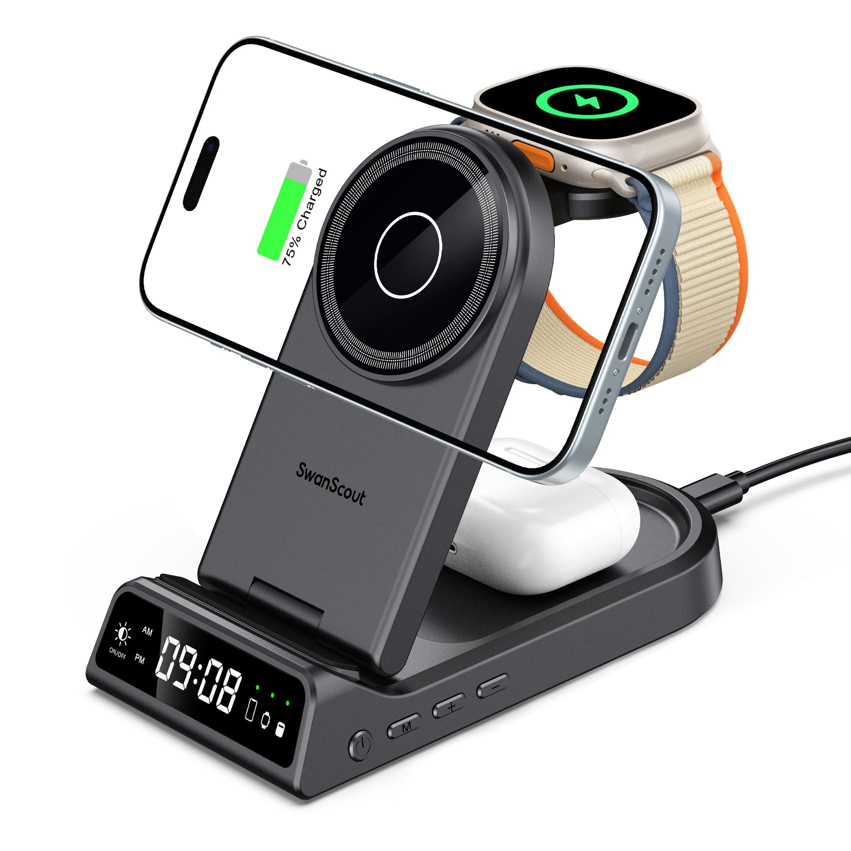 SwanScout Magnetic Wireless Charger for iPhone 17, SwanScout 702M, 4 in 1 Mag-Safe Charging Staiton for iPhone 17/16/15/14/13/12 Series, Portable Charger Stand for Apple Watch 11/10/9/8/7/6/SE/5/4