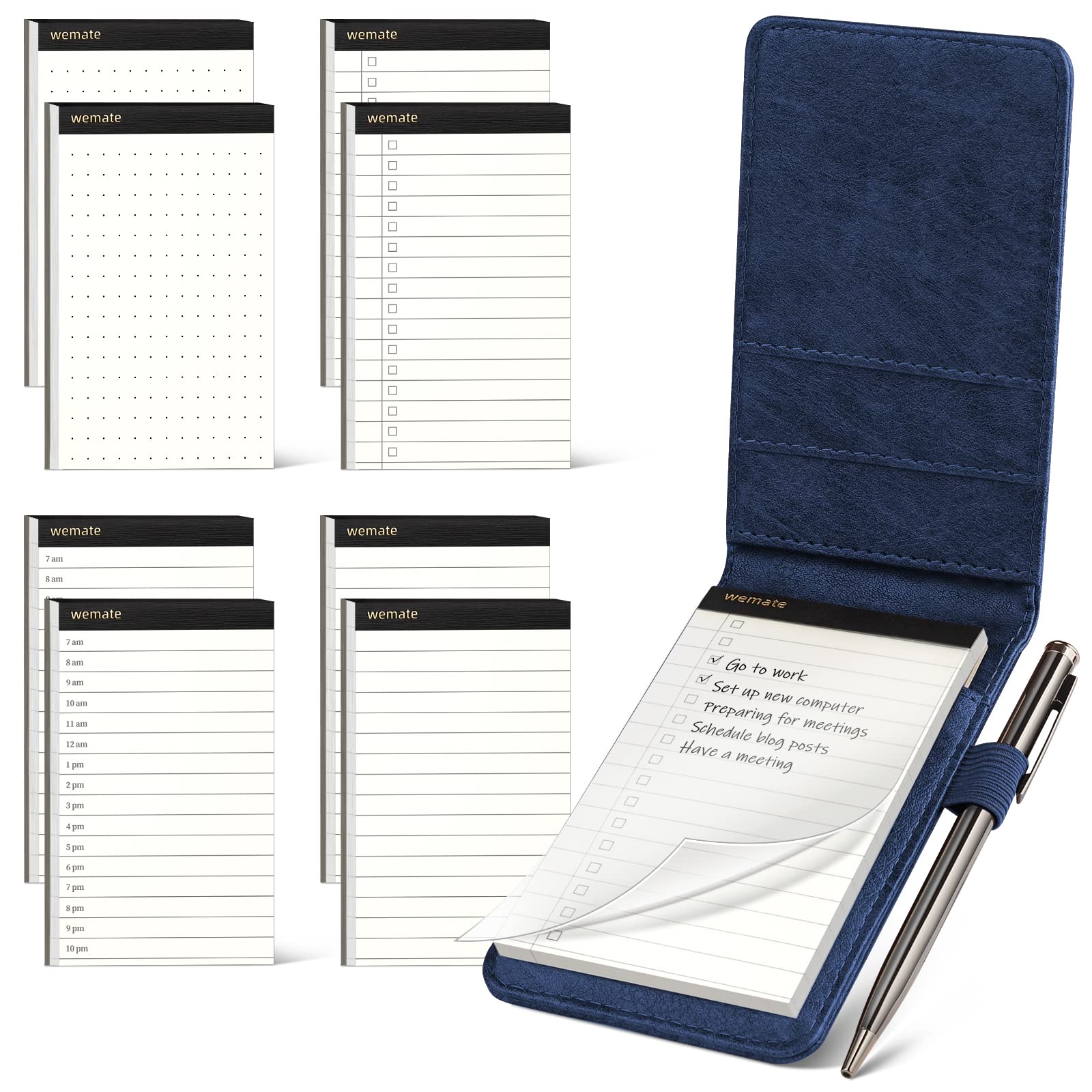 Photo 1 of WEMATE 10 Pieces Small Notepad Holder Set Pocket Notebook - Included Mini Pocket Notepad Holder Set with 8 Memo Book Refills and Metal Pen for Meetings, Daily Records, and Notes 3 x 5 Inch (Blue)