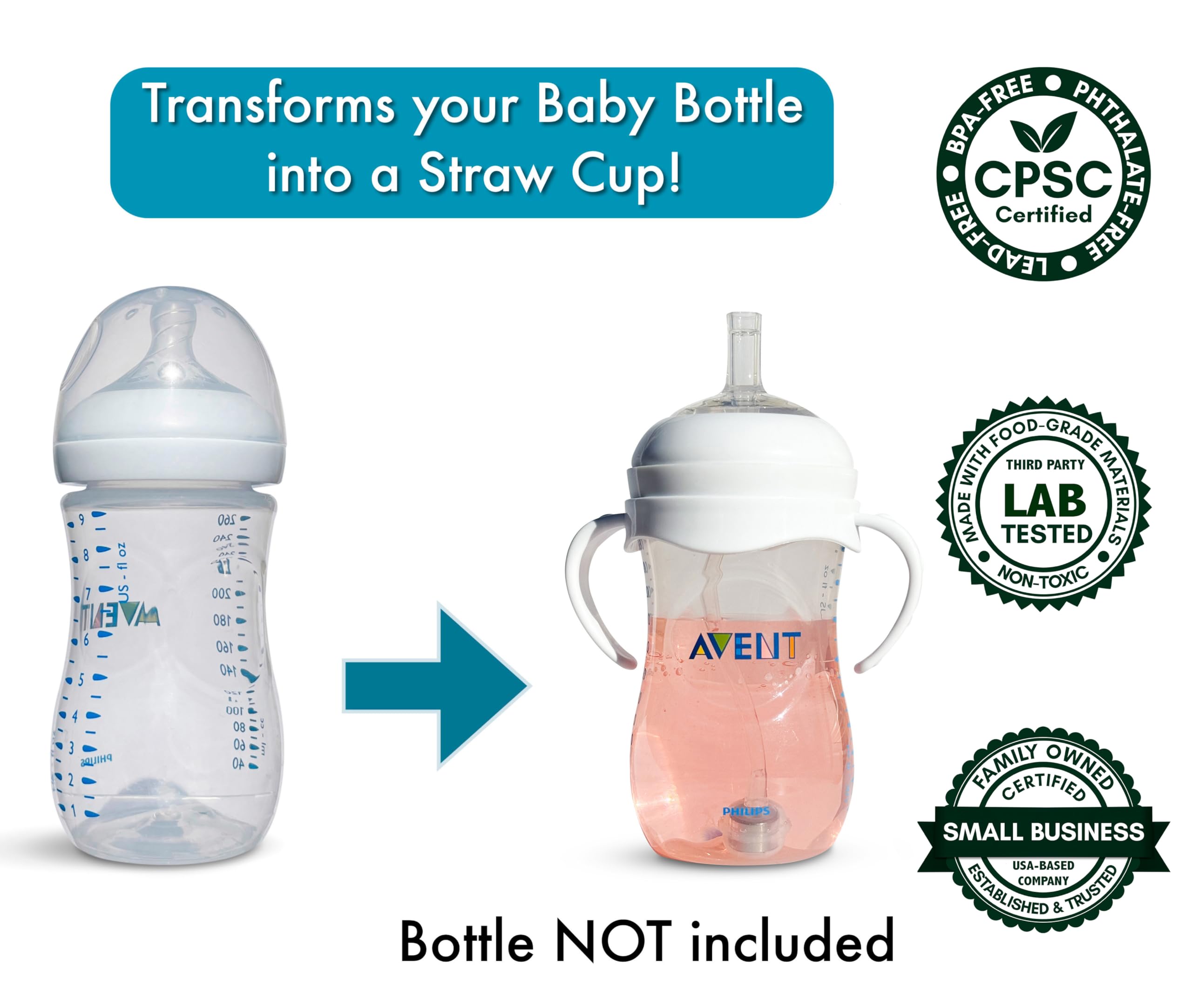 Straw Cup Conversion Kit for Philips Avent Natural Baby Bottles 2-Count, Food Grade Silicone Straw Nipples, Silicone Weighted Straw, Bottle Handles, Cleaning Brush, BPA-Free, 6+ Months (Straw Top)