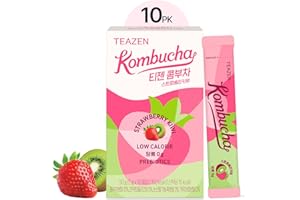 TEAZEN Strawberry Kiwi Kombucha Tea, Sugar Free, Sparkling Fermented Powdered Mix Beverage from Korea, Live Probiotics & Prebiotics, 10 Sticks, 1.76oz (Strawberry Kiwi)