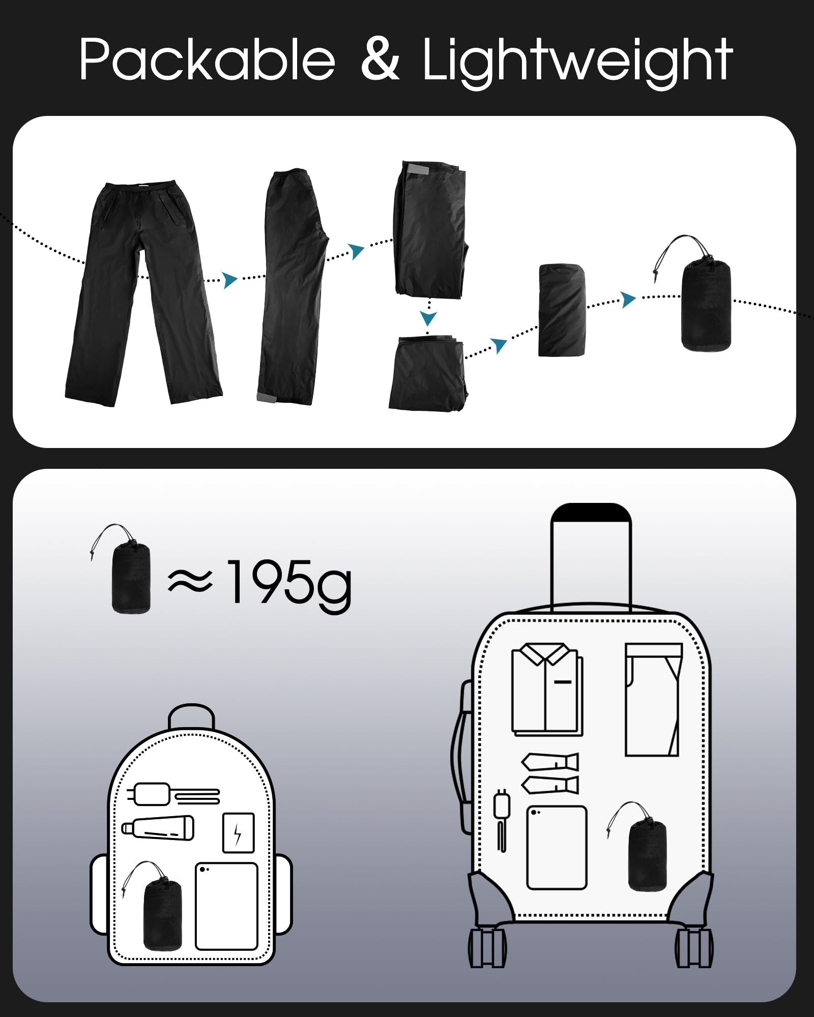 33,000ft Packbare Regenhose Herren Wasserdicht Leichte Fahrrad Überziehhose Winddicht Reflektierende Wanderhose zum Golf Outdoor Angeln Schwarz M 5