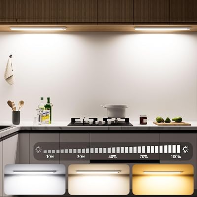 Luz LED Armario con Sensor de Movimiento, 43CM Regulable Luz LED Adhesiva con 3 Color Modos, 2500 mAh USB Recargable Luz Nocturna para Cocina, Armario, Escaleras, Pasillo, Garaje-2 Piezas