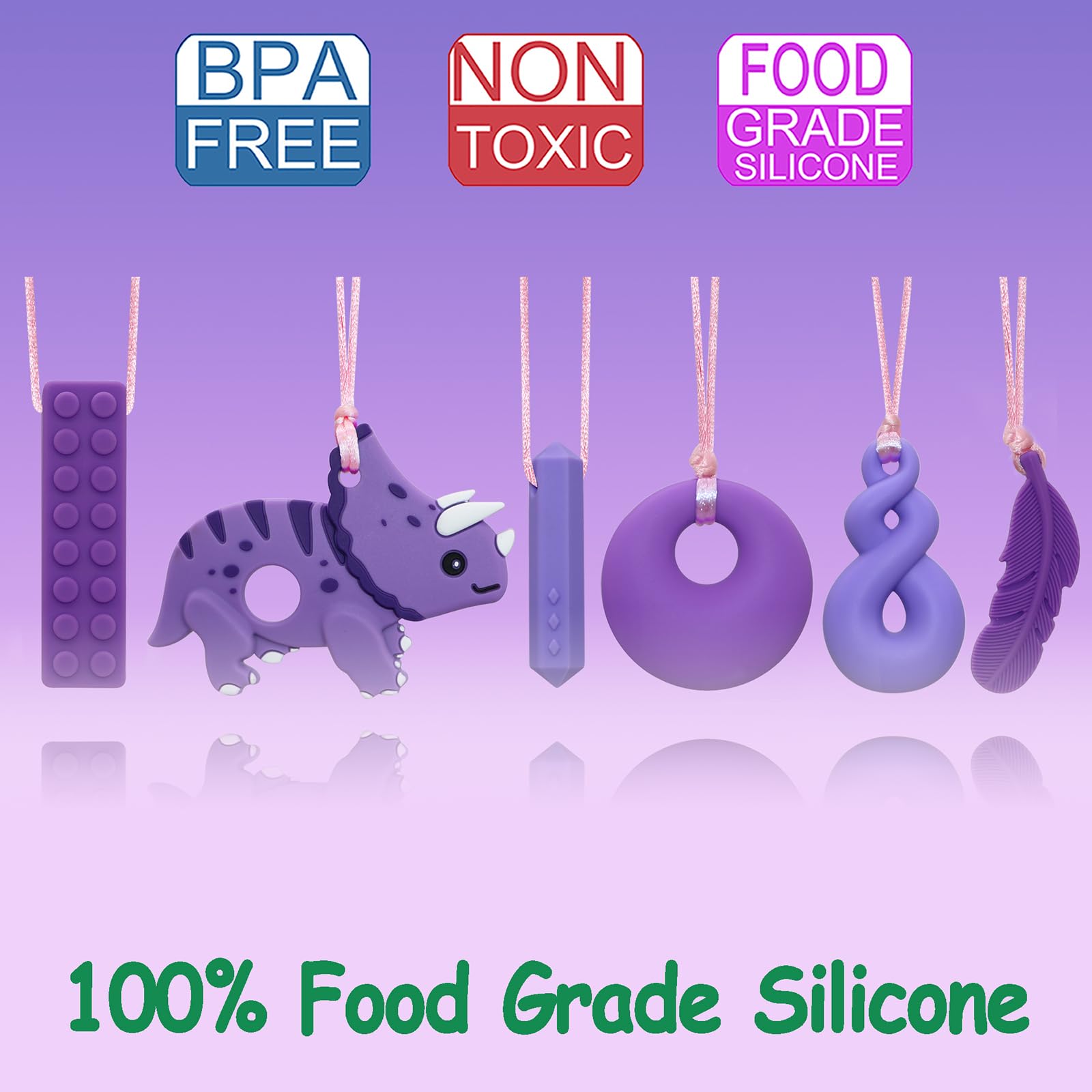 Chewy Necklaces for Sensory Kids, Boys and Girls, Silicone Dinosaur Chewy Necklaces for Autism, ADHD, SPD, Chewable Oral Motor Pendant for Chlidren