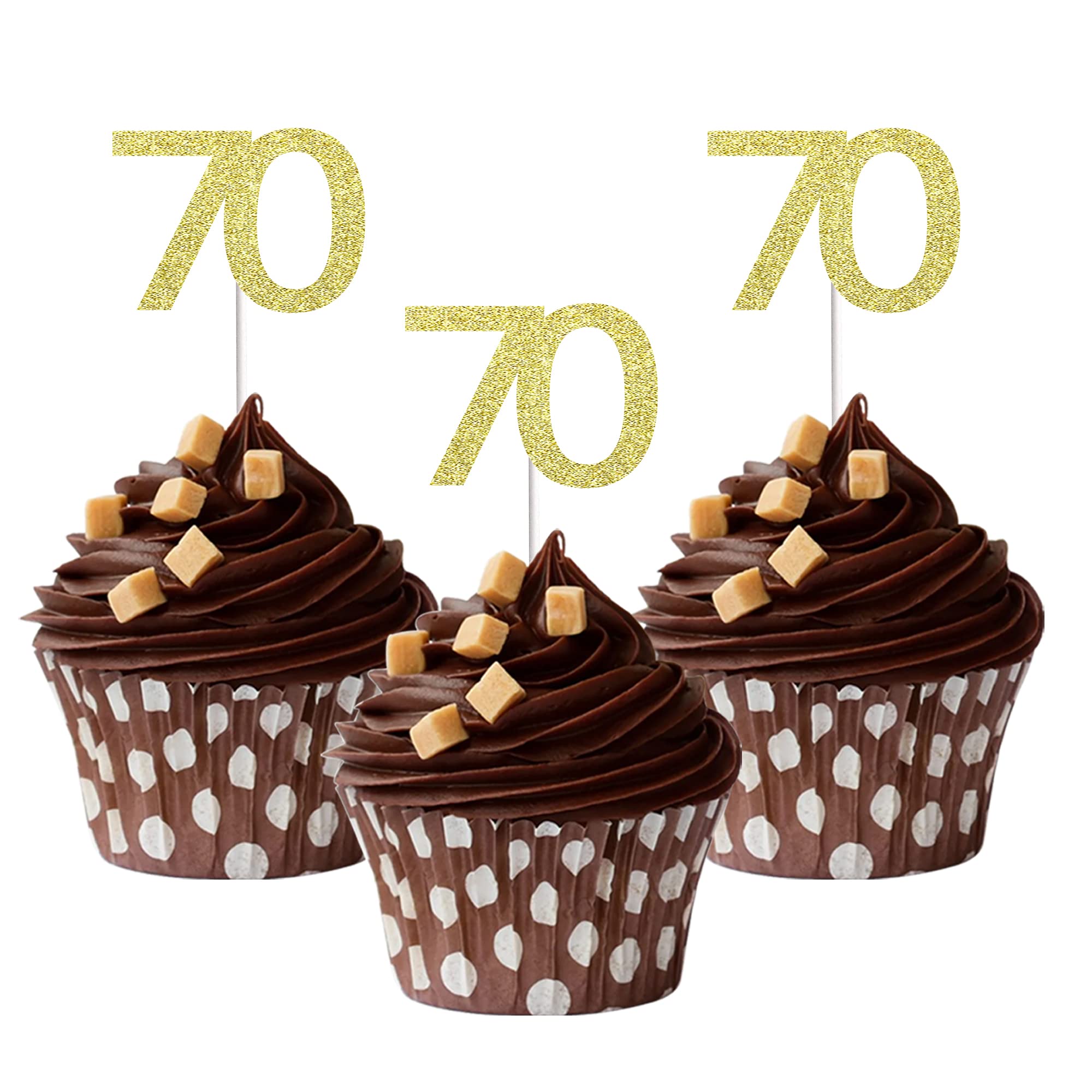 Sumerk 24PCS 70 Cupcake toppers Gold Glitter 70th Birthday Cupcake Picks Anniversary Party Decorations