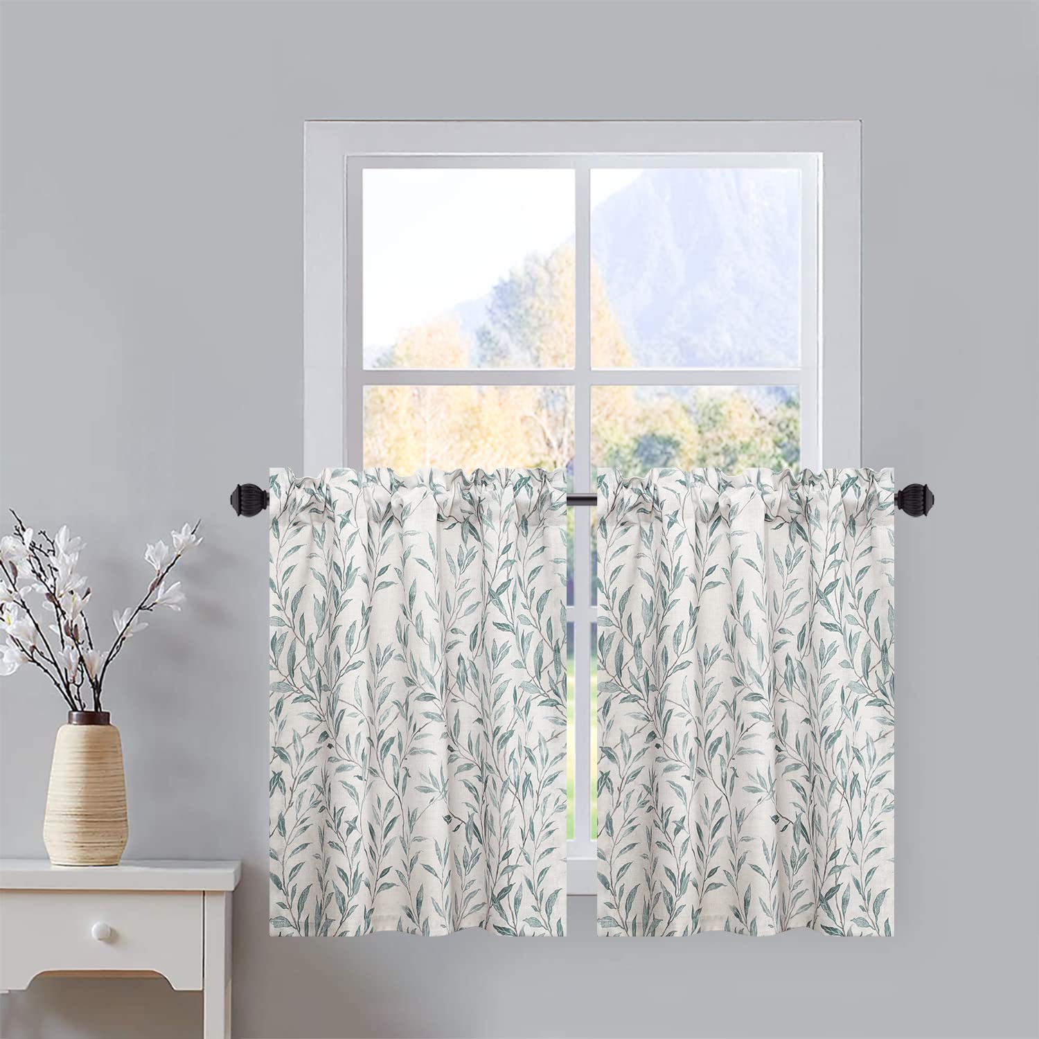 Photo 1 of VOGOL Tier Curtains 30 Inch Length, Cute Leaves Print Valances Curtain Privacy Half Window Tiers for Cafe Farmhouse Living Room Bedroom, 30x30, 2 Panels
