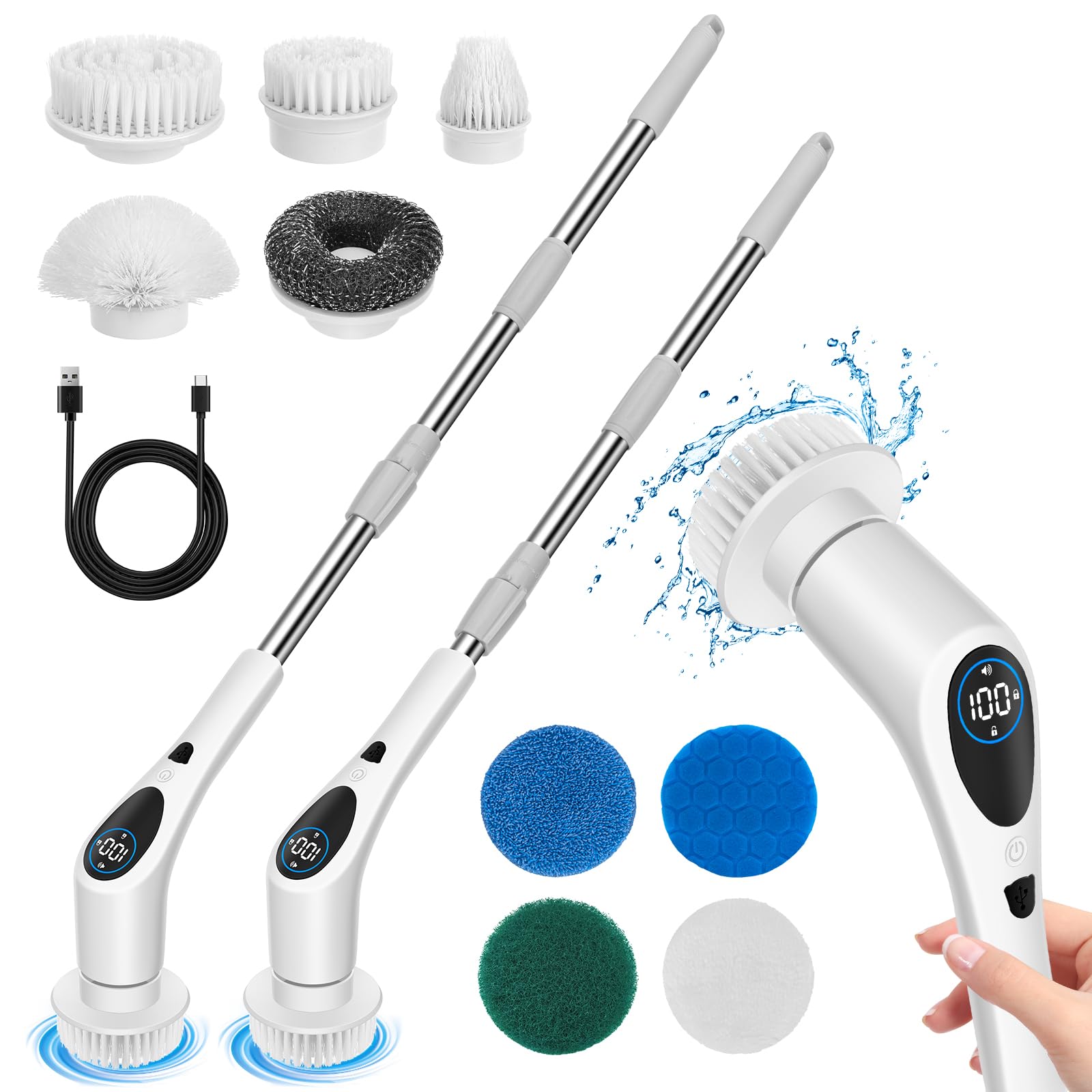 Electric Scrubber, Maypott Electric Cleaning Brush Shower Spin Scrubber with 9 Interchangeable Heads 3 Adjustable Speeds Long Handled Cleaning Tools for Kitchen Bathroom Tile Floor Scrubber