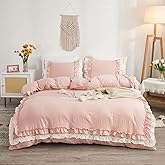 Shabby Chic 3 Pieces Bedding,Vintage Ruffled Queen Duvet Cover Set with 2 Layers Ruffles,Soft Brushed Microfiber Set with Zipper Closure,Lightweight Duvet Cover Set