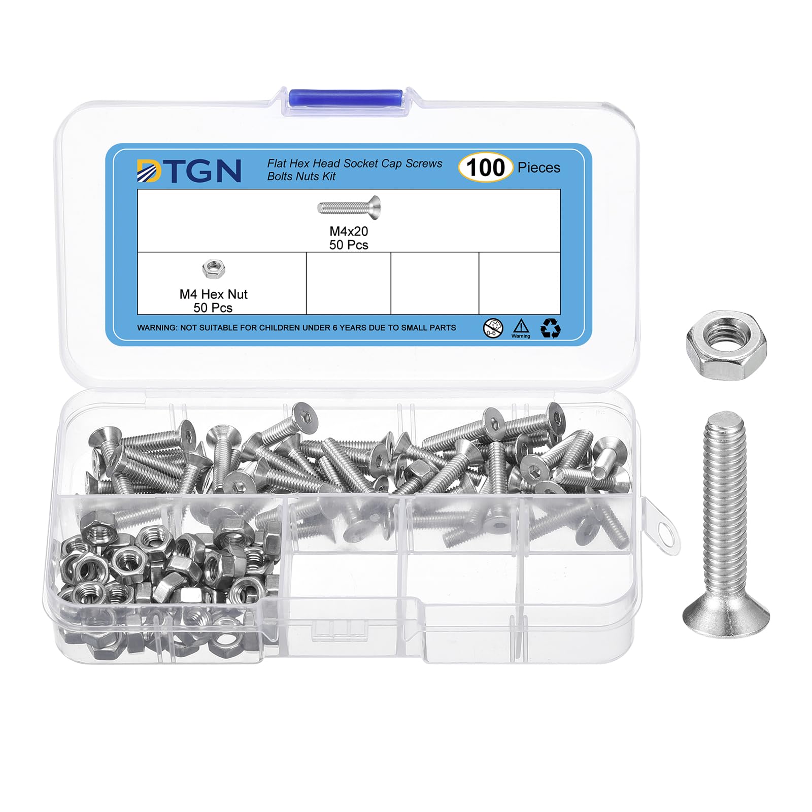 DTGN 100Pcs M4-0.7 x 20mm Flat Head Hex Socket Cap Screws Bolts Nuts Kit, 304 Stainless Steel Round Flat Metric Machine Screws, Full Thread