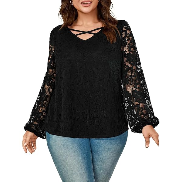 Plus Size Floral Lace Tops for Women Elegant Cut Out Puff Long