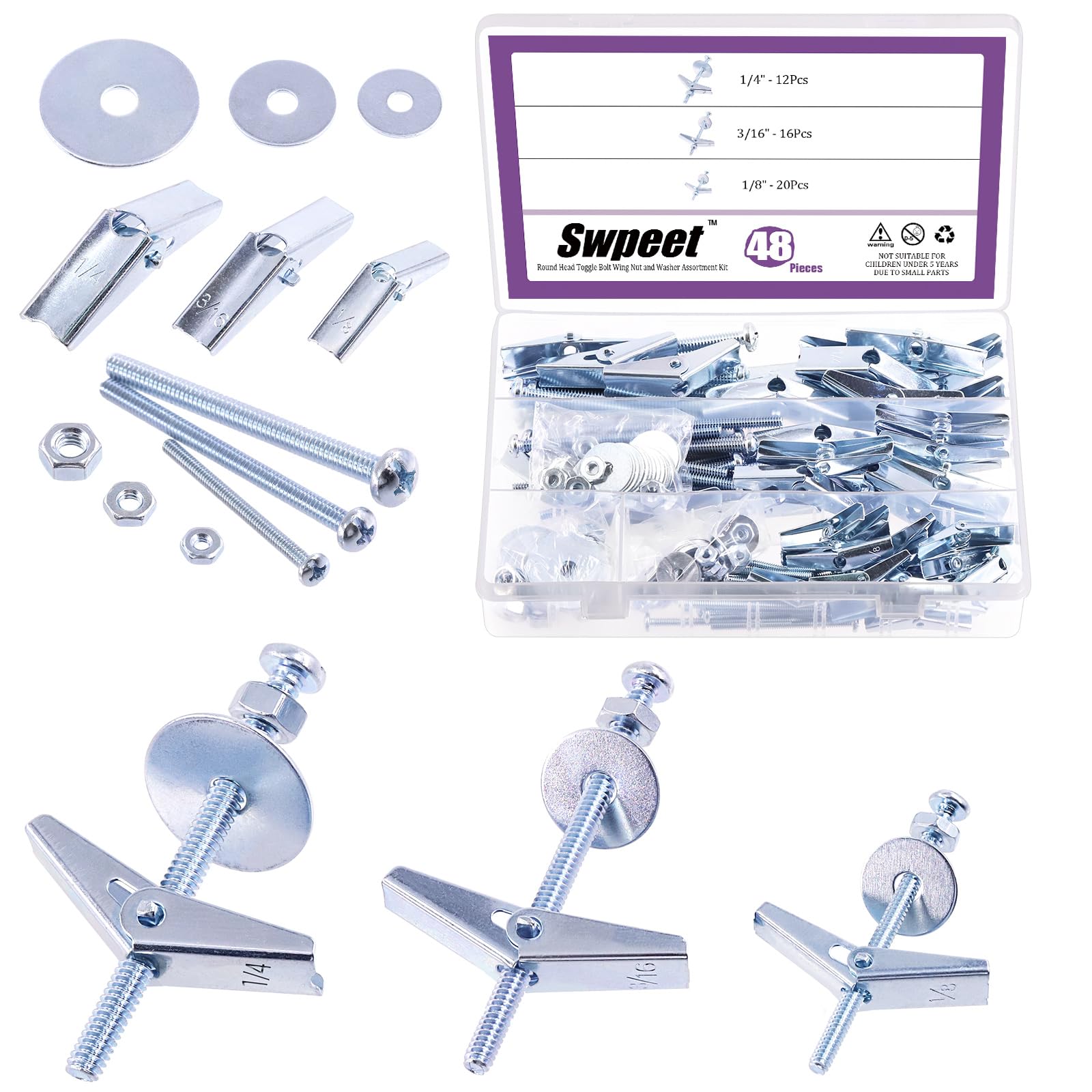Swpeet 192Pcs 48 Set Toggle Bolts and Wing Nut Kit with Hex Nuts, Washers, Toggle Bolt Assortment Kit, Butterfly Toggle Anchors for Hanging Heavy Items on Drywall - 1/8 Inch, 3/16 Inch, 1/4 Inch