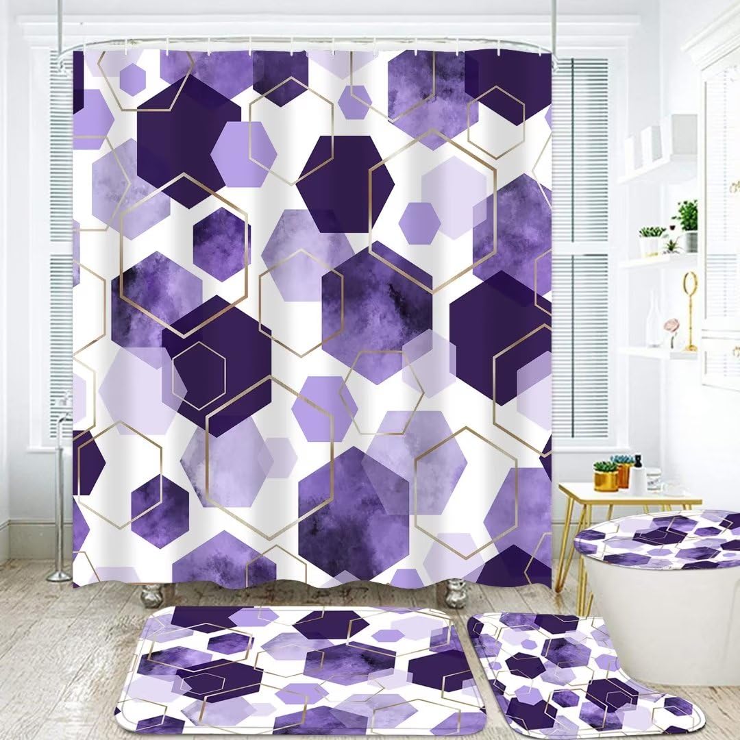 LQCOOL 4Pcs Purple Shower Curtain Set Marble Grain Geometric Bathroom Set Lavender Abstract Bathroom Curtain Set with 12 Hooks Carpet Bath Mat and Toilet Rugs