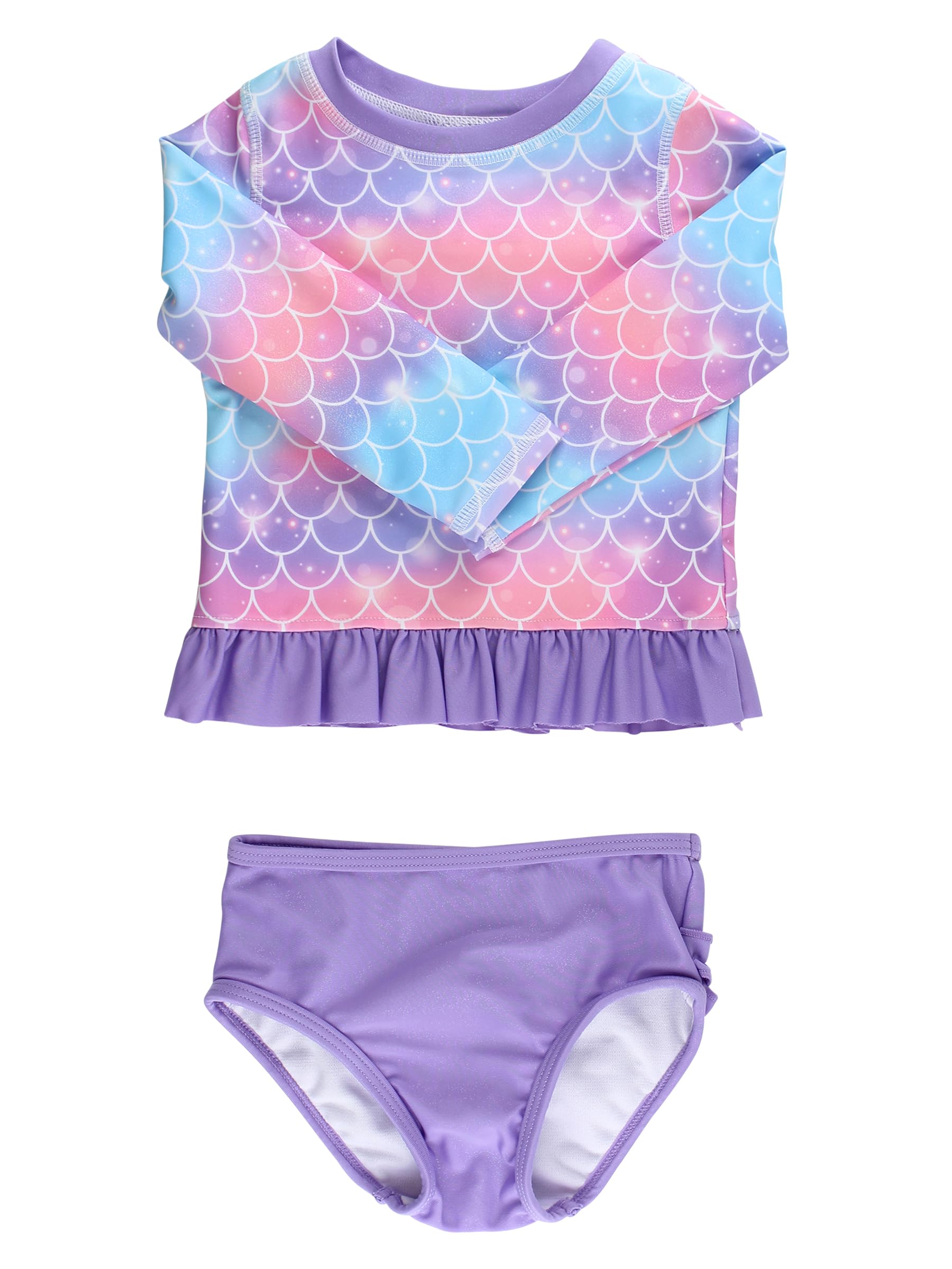 RuffleButts Baby/Toddler Girls Long Sleeve Rash Guard UPF50+ Sun Protected Bikini Swimsuit - Shimmer Mermaid Tale, 12-18m Image