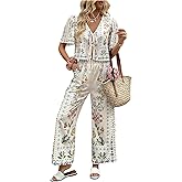 WDIRARA Women's Boho Floral 2 Piece Palazzo Pants Set Short Sleeve Tie Front Blouse Wide Leg Pants Vacation Outfits