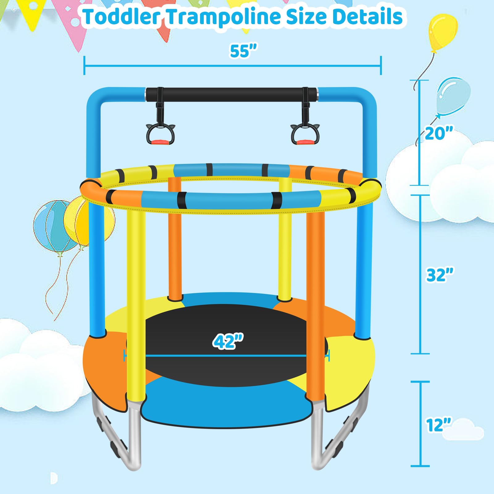 Toddler Trampoline for Kids Ages 1-8, 55'' Small Trampoline with Safety Enclosure Net & Adjustable Gymnastics Bar, Indoor & Outdoor Baby Mini Trampolines, Birthday Gifts for Children & Boys & Girls