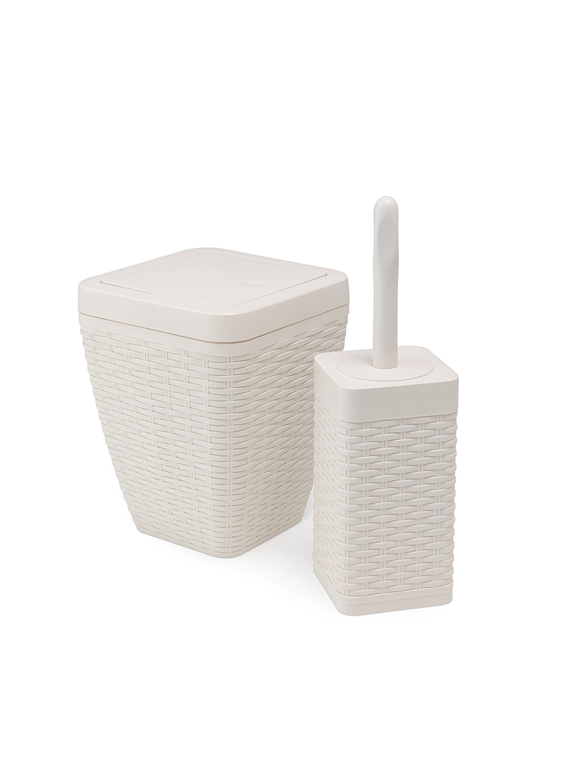 Addis Faux Rattan Square Bathroom Set Includes Swing Bin & Toilet Set Brush, Calico Linen - Faux Leather Plastic