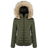 BodiLove Women's Everyday Warm Winter Quilted Puffer Short Coat High Collar Jacket with Removable Faux Fur Hood Zipper Vegan Leather Piping Water Resistant Wind Blocker Olive L