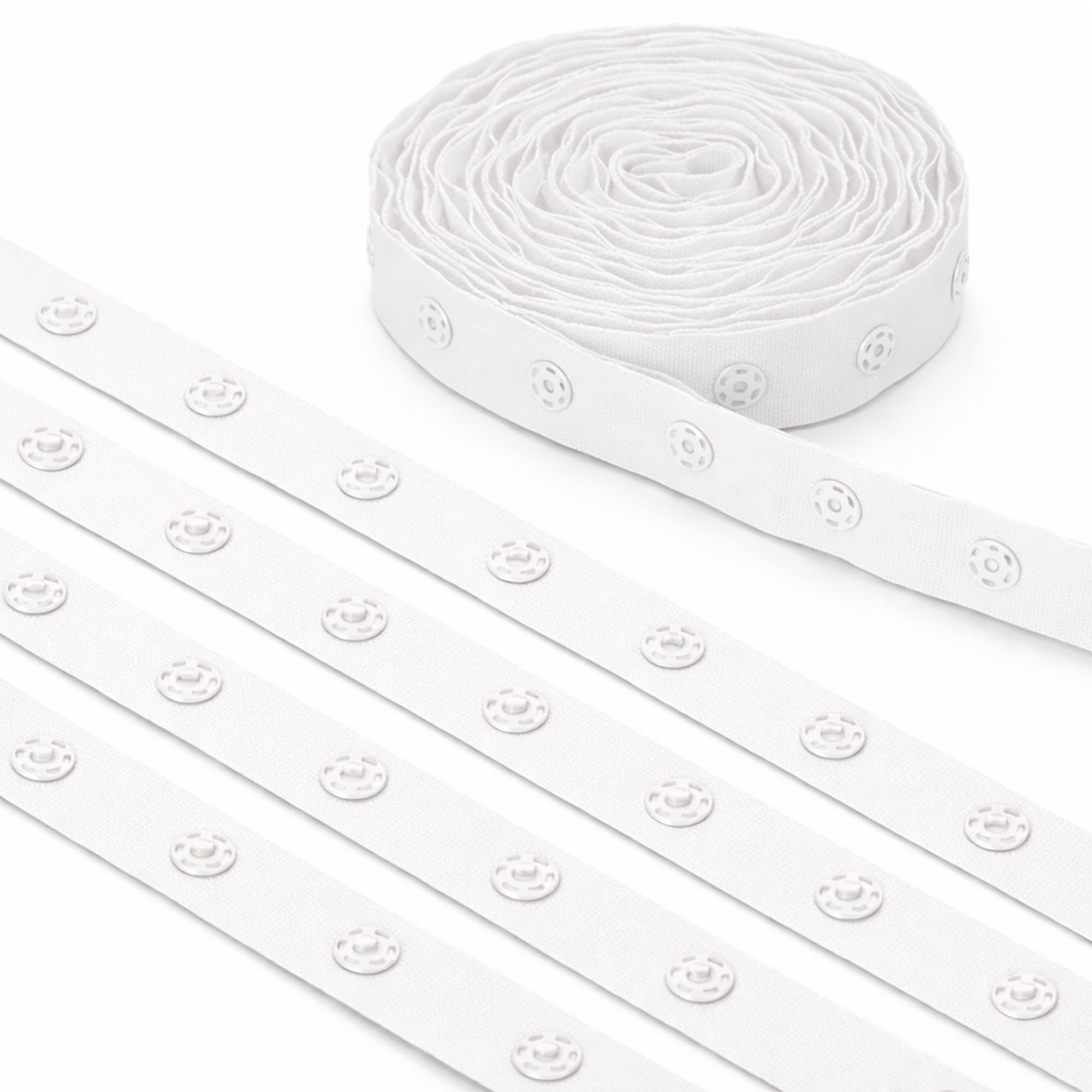 Trimming Shop White Snap Popper Tape Fastener Ribbon with Snap Stud Press Fastening Sewing Duvet Tape for Baby Jumpsuits, Toddles Clothes, Sewing Small Garments, 10 Metres